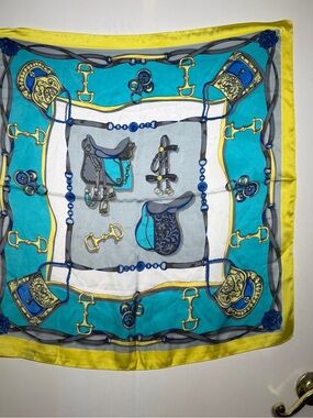 Flower Fairies Equestrian Print Silk Scarf in Teal, Yellow & Gray 28"x27"